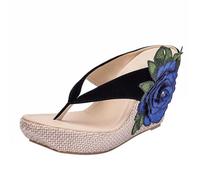 Tongs compensées pour femme - Sandales d'été brodées - Sandales décontractées à talon haut - Pour la plage, les vacances, la marche, bleu, 40 EU