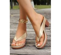Tongs compensées pour femme - Tongs à talon haut avec talon bloc pour une tenue décontractée de plage - Doré