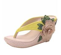 Tongs compensées pour femme - Tongs compensées pour femme - Espadrilles brodées - Motif floral - Antidérapantes - Confortables - Léger - Plateau pour femme, jaune, 6.5
