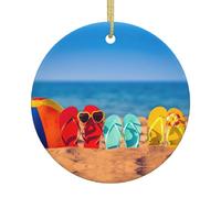 Tongs de Noël en céramique sur une plage de sable 2025, ornements ronds classiques à suspendre, décorations à suspendre pour sapin de Noël