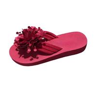 Tongs de plage plates pour femme - Pantoufles légères à bout ouvert avec applique florale - Respirantes - Coupe large - Doux et confortable - Pour les vacances d'été, Rouge, 38 EU
