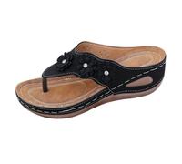 Tongs décontractées pour femme - Talon compensé bas - Bout ouvert - Légères et confortables - Décoration florale rétro - Sandales romaines - Coussin épais avec soutien de la voûte plantaire pour la