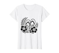 Tongs d'été avec Fleurs d'hibiscus et Fleurs Tropicales T-Shirt Graphique avec Valeur, Femme, Blanc, S