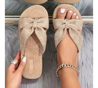 Tongs d'été pour femmes, sandales plates à talon bas, tongs en lin noué, imitation corde de paille, marron beige, chaussures de plage, Glissant, pour extérieur, plage, vacances, voyage CN36,CN37,CN38,