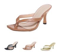 Tongs d'été tendance rétro classique tête carrée couleur pure talon haut chaussures respirantes, confortables, légères, scène, fête, promenades, vacances, kaki, 36.5 EU