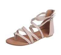 Tongs en cuir pour femme - Légères - Sandales d'extérieur - Sandales de loisirs avec sangle croisée tressée - Élégantes - Avec sangle réglable - Plates - Antidérapantes - Chaussures d'été, beige, 42