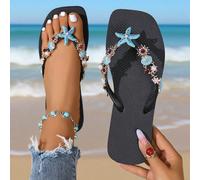 Tongs femme à bout carré, style mode plage avec éléments coquillage, étoile, corail, océan, style chinois, strass, texture métal à chaîne, pour plage, fête, extérieur, nouvelles sandales tongs été 202