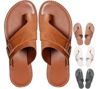 Tongs Orthopédiques pour Femmes, Sandales Habillées avec Bout Ouvert Et Bride À Boucle, Chaussons À Enfiler, Sandales Plates en Cuir pour Femmes(Marrone,43 EU)