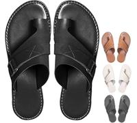 Tongs Orthopédiques pour Femmes, Sandales Habillées avec Bout Ouvert Et Bride À Boucle, Chaussons À Enfiler, Sandales Plates en Cuir pour Femmes(Black,38 EU)