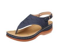 Tongs plates compensées pour femme avec sangle de cheville et boucle - Chaussures d'été décontractées à bout clip - Chaussures de marche confortables, bleu marine, 39 EU