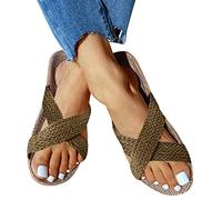 Tongs pour femme en cuir à bout ouvert - Sandales de plage décontractées - Confortable - Doux - Sandales plates - Chaussures d'été - Respirant - Antidérapantes, café, 44-45