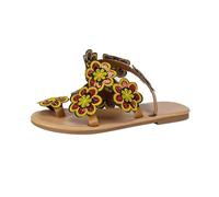 Tongs pour femme - En cuir - Chaussures de plage élégantes - Sandales d'été décontractées - Chaussures de soirée - Avec décoration florale - Sandales romaines plates - Légères - Confortables, rouge
