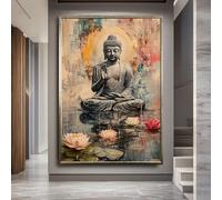 TONGYINLI Affiche Bouddha serein aux fleurs de lotus | Peinture à l'huile d'art méditatif | Décoration murale zen | Impression sur toile spirituelle (70 x 100 cm/cadre intérieur)
