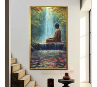 TONGYINLI Affiches de Bouddha serein, Peinture sur toile Cascade de méditation | Impressions d'art Étang de lotus tranquille | Décoration murale nature paisible (70x130cm/Sans cadre)