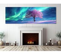 TONGYINLI Affiches et impressions abstraites d'aurores boréales, peinture de paysage nordique, arbre en fleurs sous aurore boréale, art mural sur toile (70x210cm/cadre intérieur)