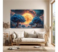 TONGYINLI Affiches et impressions d'arbres en fleurs bleues, peinture sur toile Lune lumineuse, art mural de paysage naturel, œuvre d'art décorative surréaliste pour la maison (50x90cm/sans cadre)