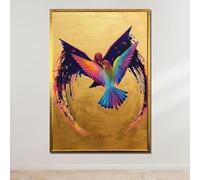 TONGYINLI Affiches et impressions d'inséparables sur fond doré, peinture à l'huile sur toile d'oiseaux colorés, tableaux abstraits d'oiseaux, décoration moderne (60 x 90 cm/sans cadre)