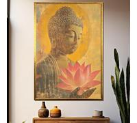 TONGYINLI Décoration murale Lotus | Tableau Bouddha doré sur toile | Affiches et impressions décoratives pour la méditation zen | Œuvre d'art paisible Bouddha Lotus (50x70cm/cadre intérieur)