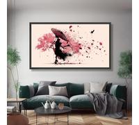 TONGYINLI Élégante silhouette de geisha sur toile, tableau avec parapluie, affiche abstraite de cerisiers en fleurs, estampe japonaise, décoration murale cerisier (60 x 105 cm/cadre intérieur)