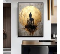TONGYINLI Grand tableau de Bouddha, portrait minimaliste, tableau mural | Impression de tête de Bouddha dorée, décoration de salon, cadre 60 x 80 cm