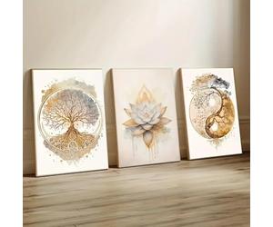 TONGYINLI Lot de 3 impressions modernes représentant un arbre de vie et une fleur de lotus, peinture à l'huile, décoration murale sur toile, affiches de portrait esthétiques, 30 x 40 cm, 3 cadres