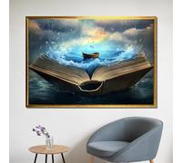 TONGYINLI Peinture à l'huile classique surréaliste sur toile, livre ouvert, océan, affiches d'art imprimées - Pluie et arc-en-ciel, décoration murale pour la maison (70x110cm/cadre intérieur)