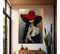 TONGYINLI Peinture à l'huile sur toile « Dame au chapeau rouge », affiches et impressions de femme glamour, art mural tendance, décoration de chambre à coucher (20 x 30 cm/cadre intérieur)