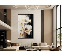 TONGYINLI Peinture à l'huile sur toile représentant des fleurs blanches et noires : art mural floral contemporain, affiche abstraite pour la décoration intérieure (30 x 40 cm/cadre intérieur)