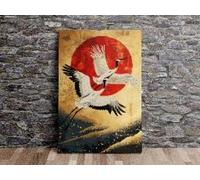 TONGYINLI Peinture à l'huile sur toile représentant des grues japonaises en vol, art mural japonais sur toile, affiches et impressions de paysages naturels, prête à accrocher (50 x 75 cm/sans cadre)