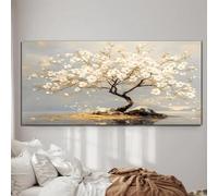 TONGYINLI Peinture à l'huile sur toile représentant un arbre en fleurs blanches : affiches d'art floral abstrait doré, décoration murale moderne pour salon (30 x 60 cm, sans cadre)