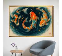 TONGYINLI Peinture sur toile japonaise, Affiches et impressions d'art mural représentant trois poissons koi orange et bleus, danse circulaire à l'intérieur des images (60x80cm/cadre intérieur)