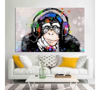 TONGYINLI Pop Art coloré DJ singe casque toile Art photos, style graffiti affiche, funky musique animal chimpanzé peinture 60x90 cm sans cadre