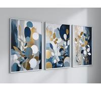 TONGYINLI Tableau abstrait botanique bleu et or sur toile, reproduction d'aquarelle, affiche minimaliste moderne pour la décoration du salon (30 x 40 cm x 3 / cadre intérieur)