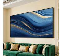 TONGYINLI Tableau abstrait moderne à l'huile bleu et or sur toile, impression d'art fluide de luxe, décoration intérieure élégante, prêt à accrocher (70 x 130 cm/sans cadre)