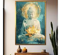 TONGYINLI Tableau Bouddha Lotus Doré | Toile spirituelle apaisante | Décoration Zen | Affiches et impressions pour la maison | Œuvre sereine (40 x 60 cm/Sans cadre)