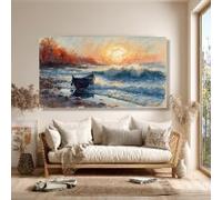 TONGYINLI Tableau sur toile Coucher de soleil en bord de mer, Décoration murale pêche, Affiches et impressions de bateaux en bord de mer, Peinture de paysage Décoration nature (70x130cm/Sans cadre)