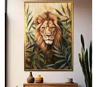 TONGYINLI Tableau sur toile Lion de la jungle - Art mural animalier majestueux entouré de feuilles - Affiches et impressions abstraites d'animaux (60x90cm/sans cadre)