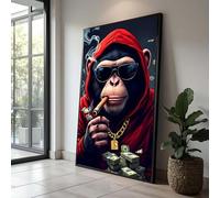 TONGYINLI Tableau sur toile représentant un singe fumant un cigare, impression d'art urbain, affiche à capuche rouge, décoration murale, peinture animalière pop art funky (65x120cm/sans cadre)