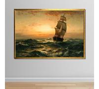 TONGYINLI Tableau sur toile représentant un voilier au coucher du soleil, art mural nautique, peinture de voyage en mer, décoration de paysage marin (50 x 75 cm/sans cadre)