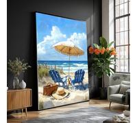 TONGYINLI Tableau sur toile représentant une scène de plage, un été côtier, des chaises de plage bleues, un paysage marin, une décoration océanique, prêt à accrocher (80 x 110 cm/cadre intérieur)