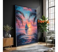 TONGYINLI Toile représentant un voilier au coucher du soleil, paysage marin, scène de plage avec palmiers, peinture de coucher de soleil, décoration intérieure nautique (30 x 40 cm/sans cadre)