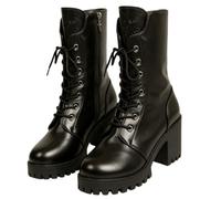 Tongyusm Femmes genou haut Wedge Bottes avec Chunky Plateforme talon lace Up & Zip Punk Goth mi-veau Bottes de combat Bottes de moto avec boucles en métal Rivet pour l'automne hiver