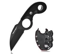 TONIFE Couteau d'extérieur Crescent - Lame en Acier 8Cr14MoV avec Étui, Lanyard et Clip - Couteau de Survie Full Tang (Noir+Noir Titane)