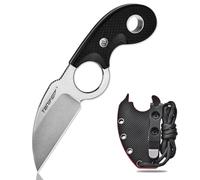 TONIFE Couteau d'extérieur Crescent - Lame fixe en acier 8Cr14MoV avec étui, Lanyard et clip - Couteau Full Tang de survie (Noir + Stonewash)