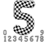 TONIFUL Ballon à carreaux en forme de chiffre 5 de 101,6 cm pour 5e anniversaire Motif voiture de course rapide Noir et blanc Grand ballon pour filles et garçons Décoration de fête