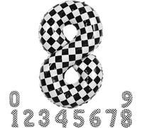 TONIFUL Ballon à carreaux en forme de chiffre 8 - 101,6 cm - Noir et blanc - Grand ballon en forme de chiffre pour filles et garçons - Pour 8e anniversaire - Décoration de fête - Motif voiture de