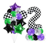 TONIFUL Décorations d'anniversaire pour garçons sur le thème des voitures | Ballon à carreaux en forme de chiffre 2 avec ballons violets, verts et noirs pour 2e anniversaire rapide - 101,6 cm