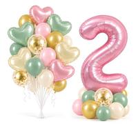 TONIFUL Décorations de 2e anniversaire rose sauge bohème pour filles | Ballon chiffre 2 de 101,6 cm avec ballons vert sauge, rose pâle et doré pour deuxième anniversaire sur le thème du jardin