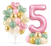 TONIFUL Décorations de 5e anniversaire rose sauge bohème pour filles | Ballon chiffre 5 de 101,6 cm avec ballons vert sauge, rose pâle et doré pour cinquième anniversaire sur le thème du jardin