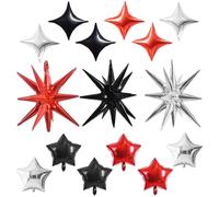 TONIFUL Lot de 15 ballons en mylar noir rouge argenté et étoile à quatre pointes de 25,4 cm pour Noël, Nouvel An, anniversaire, mariage, fête prénuptiale, anniversaire de mariage